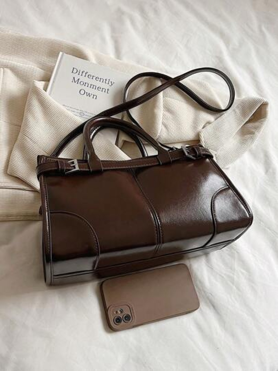 Women s Glossy Tote Bag Large Capacity Fashion Handbag With Detachable Shoulder Strap Coffee Color