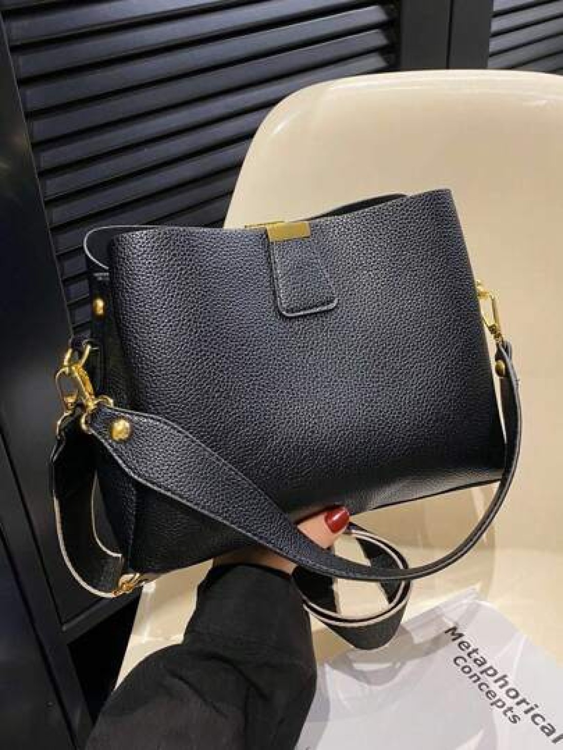 Fashion Elegant Solid Color Wide Strap PU Women Tote Bag With Shoulder Strap