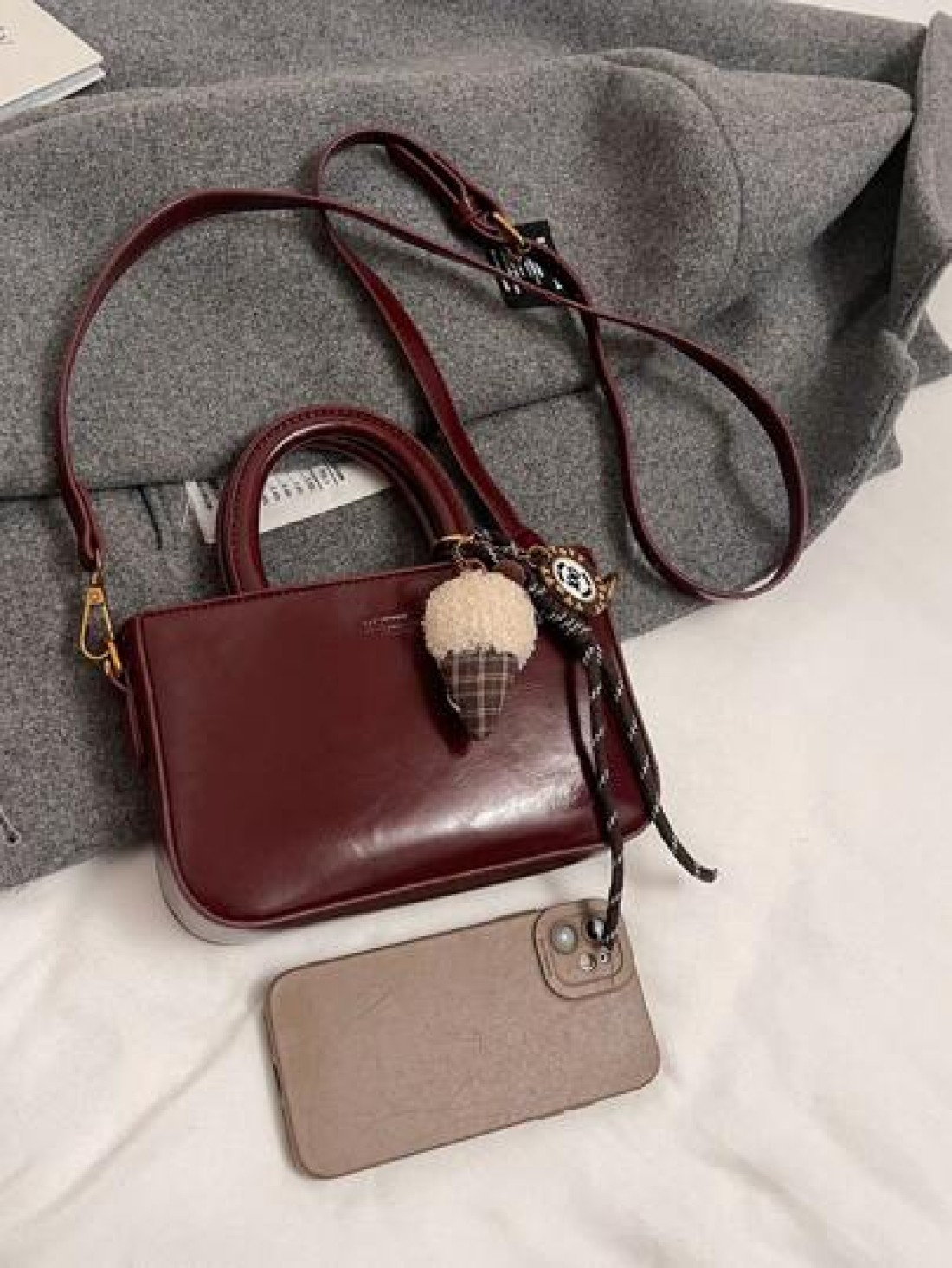 Wine Red Handbag Vintage Style Fashion Versatile Structured Zipper Closure Crossbody Bag PU Leather Suitable For Daily Commute Dating Gift Best Mothers Day Gifts Women