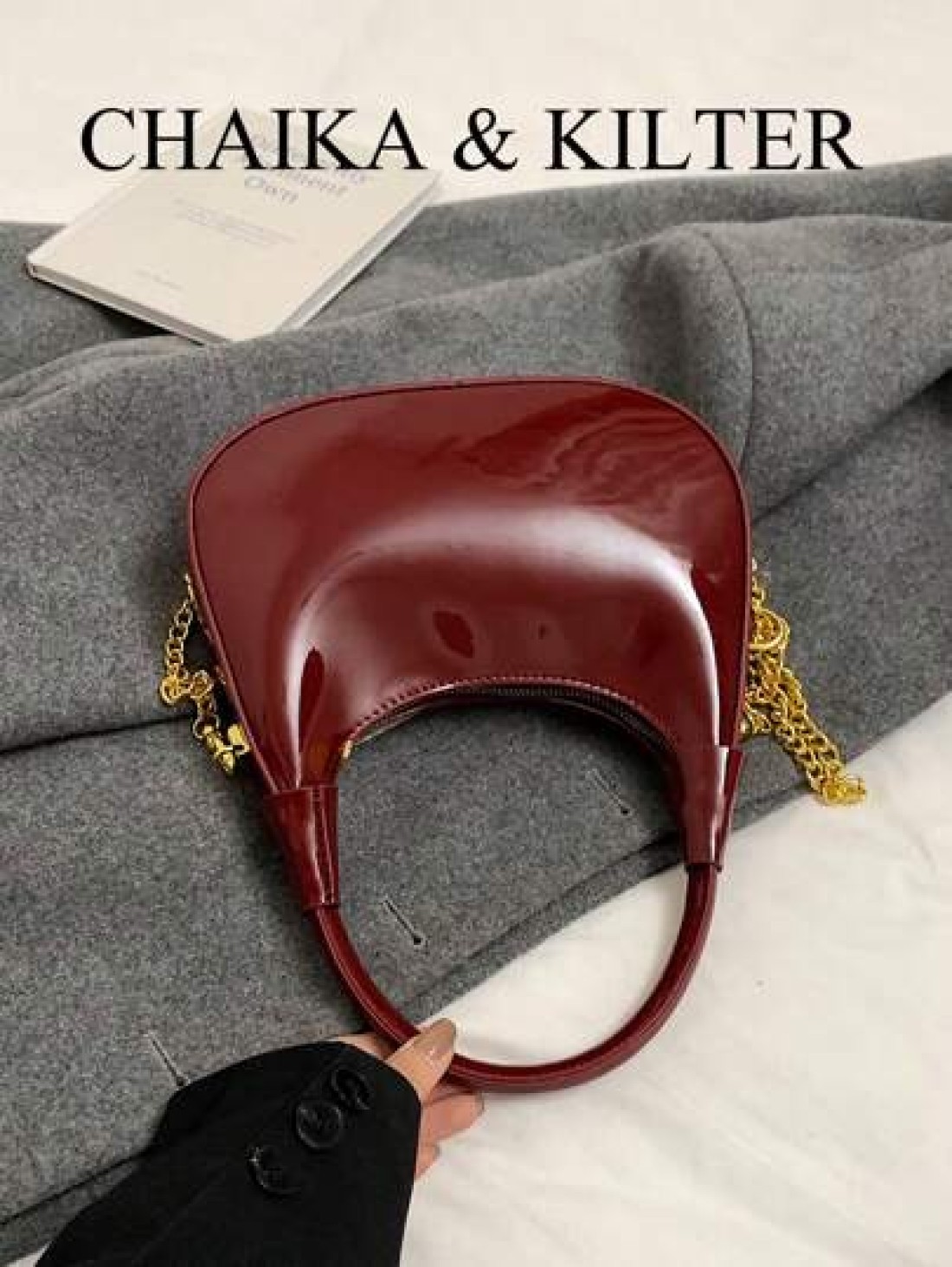 1pc CHAIKA KILTER Women Glossy PU Leather Tote Bag Fashionable Crescent Shaped Armpit Bag With Detachable Metal Chain Zipper Closure Suitable For Daily And Outdoor Use