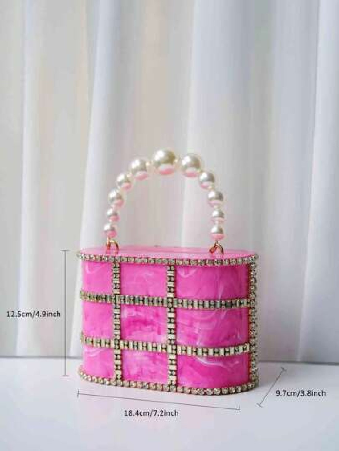 1pc Rose Pink Marble Texture Rhinestoned Pearl Party Clutch Bag With Chain Strap Luxury Evening Bag Suitable For Wedding Gala