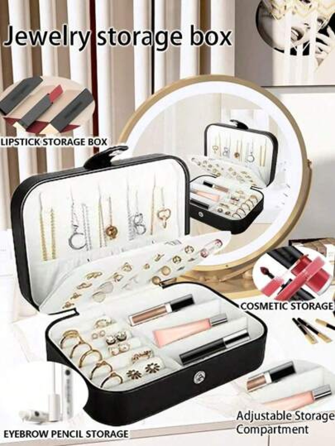 1pc Portable Travel Jewelry Box Fashion Zipper Jewelry Case Mini Ring Box Waterproof PU Leather Storage Bag Jewelry Organizer And Container With Velvet Lining For Rings Earrings Pendants Necklaces Bra