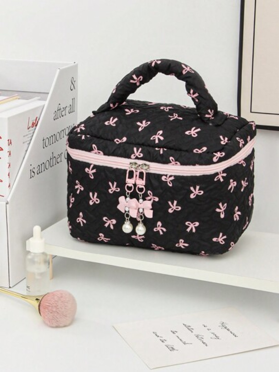 Floral Bow Decor Makeup Bag Fabric Print Zipper Pouch Sweet Style Toiletry Bag Cosmetic Bag For Home Travel Daily Use Women Makeup Organizer Makeup Storage Bag Mini Pouch Travel Small Makeup Case Acce