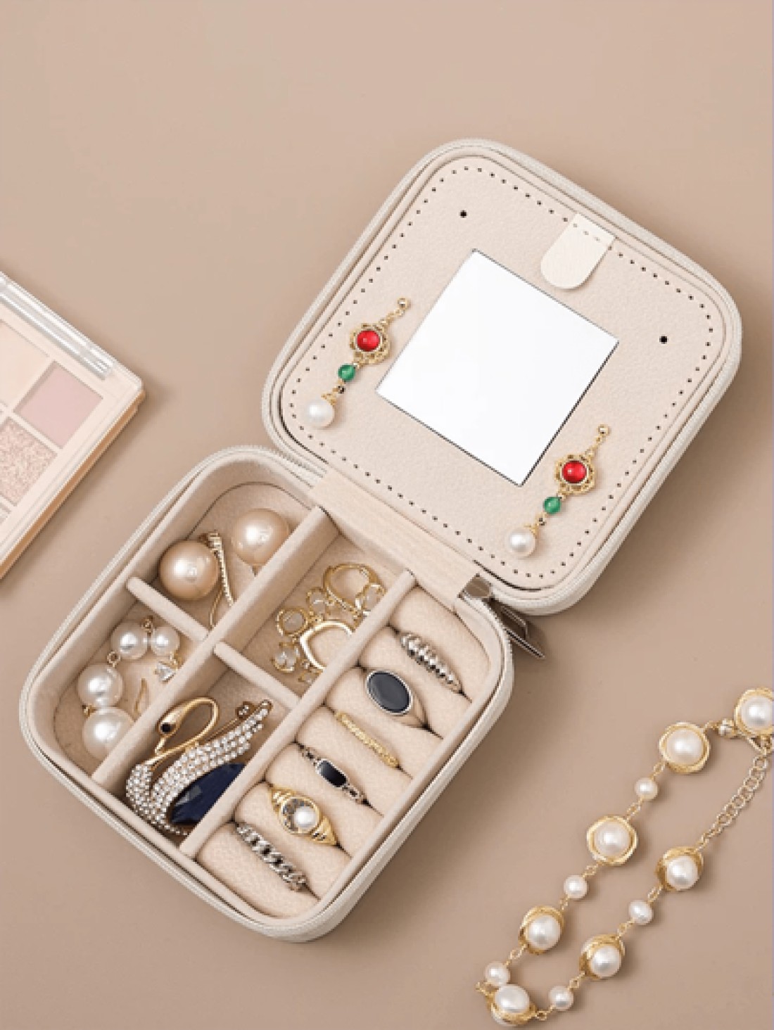 1pc PU Leather Square Jewelry Box Mirror Design Jewelry Storage Case Multifunctional Desktop Organizer Box Removable Compartments Suitable For Rings Earrings Necklaces Lipsticks Makeup Organizer