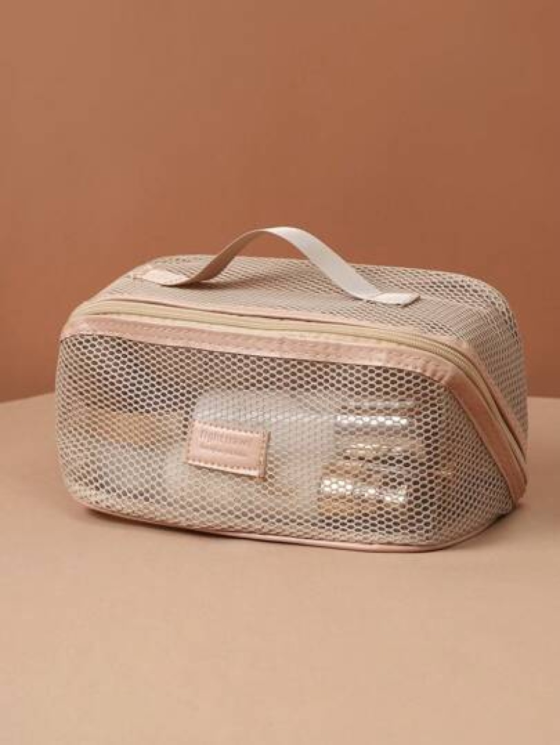 1pc Portable Mesh Travel Toiletry Bag Large Capacity Makeup Organizer Pouch Multi Functional Cosmetic Bag With Handle Women Gift Girls Gift Birthday Gift Mother s Day Gift Can Store Lipstick Eyeshadow