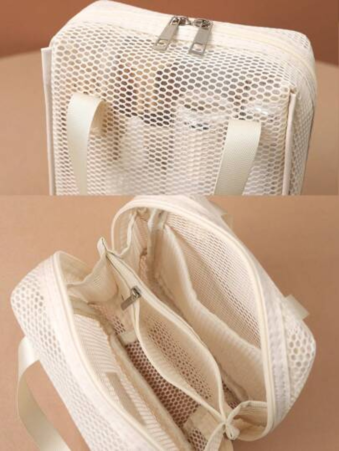 1pc Large Capacity Ivory Mesh Makeup Bag Portable Travel Toiletry Bag Multi Functional Storage Pouch Zipper Bag Travel Bag For Cosmetics Skincare Phones Jewelry And Small Items Gift Vacation Multiple