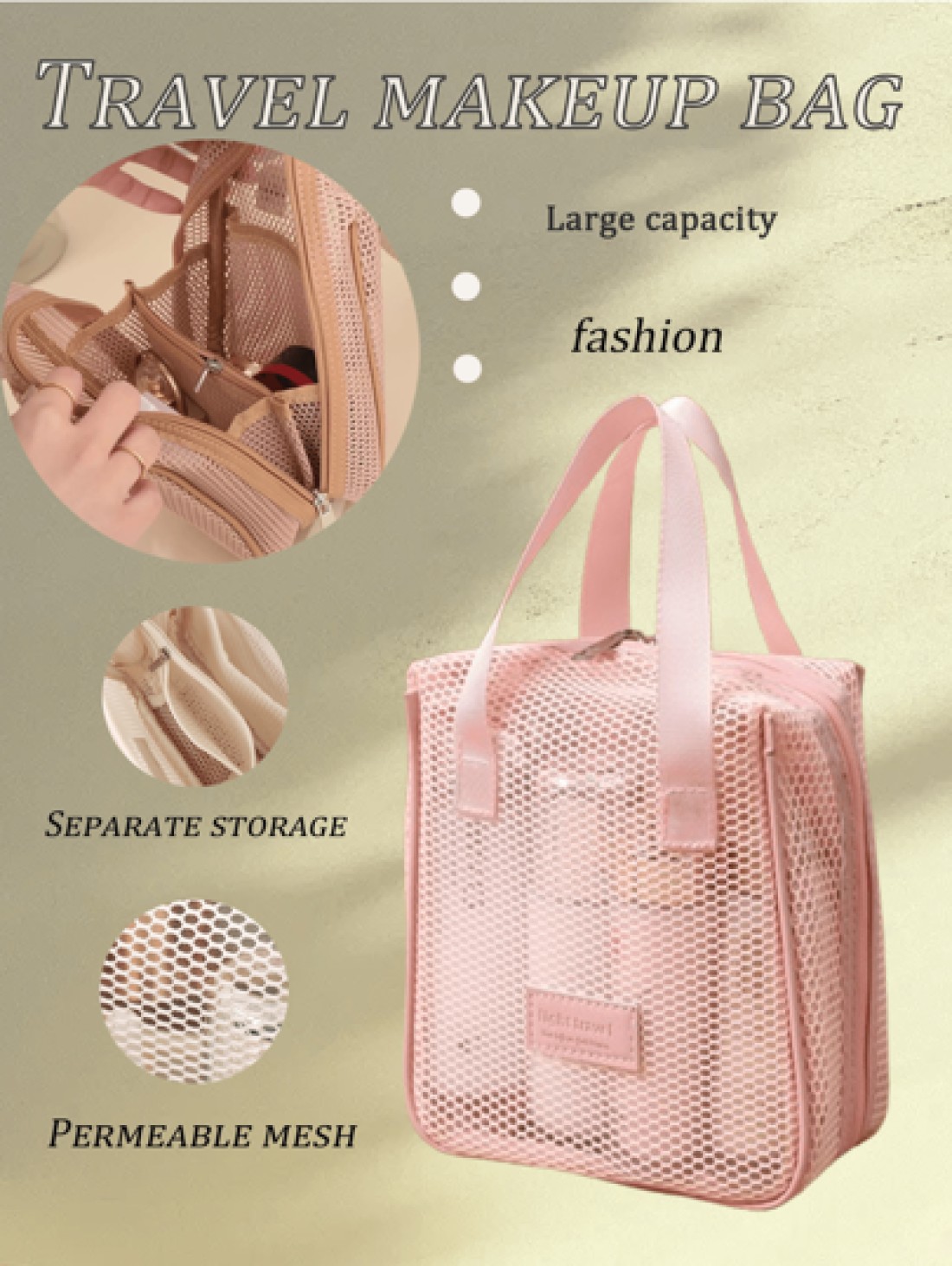 1pc Large Capacity Pink Mesh Makeup Bag Portable Travel Toiletry Organizer Multi Functional Storage Pouch Zipper Bag Travel Bag For Cosmetics Skincare Phone Jewelry Small Items Gift Holiday Use Availa