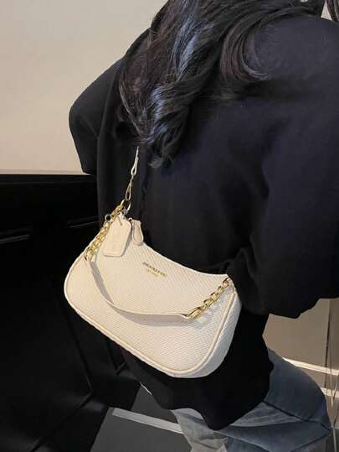 New Stylish Elegant Solid Color PU Underarm Bag With Metal Chain Handle For Women