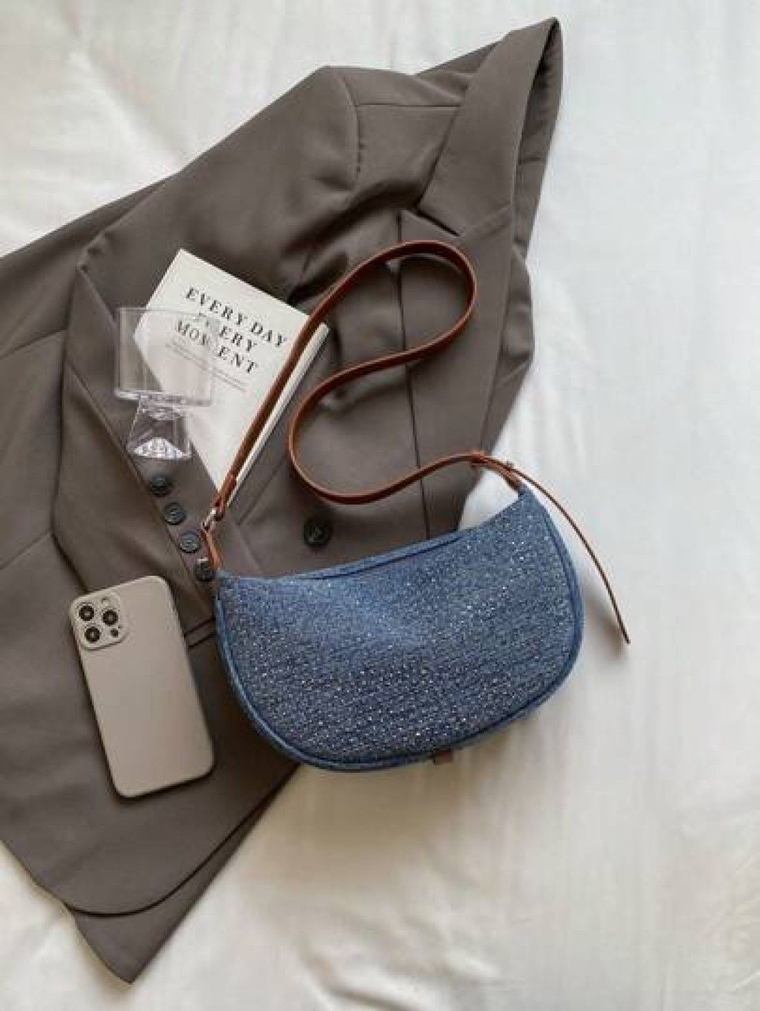Light Blue Denim Rhinestone Decor Underarm Women Shoulder Bag Fashionable Versatile For Work Dating Casual Spring Summer