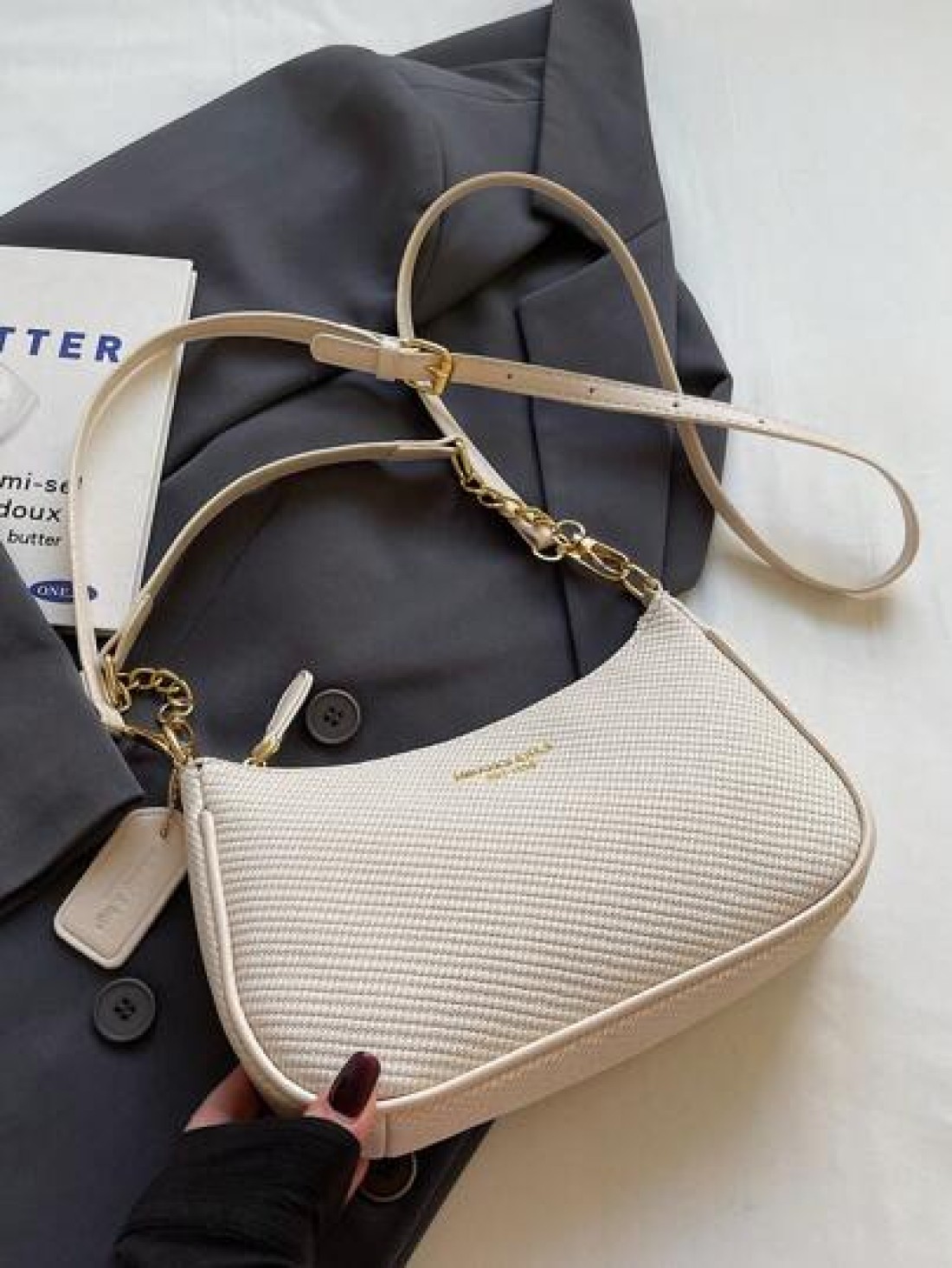 New Elegant Solid Color PU Underarm Bag Metal Chain Handle Women Shoulder Bag