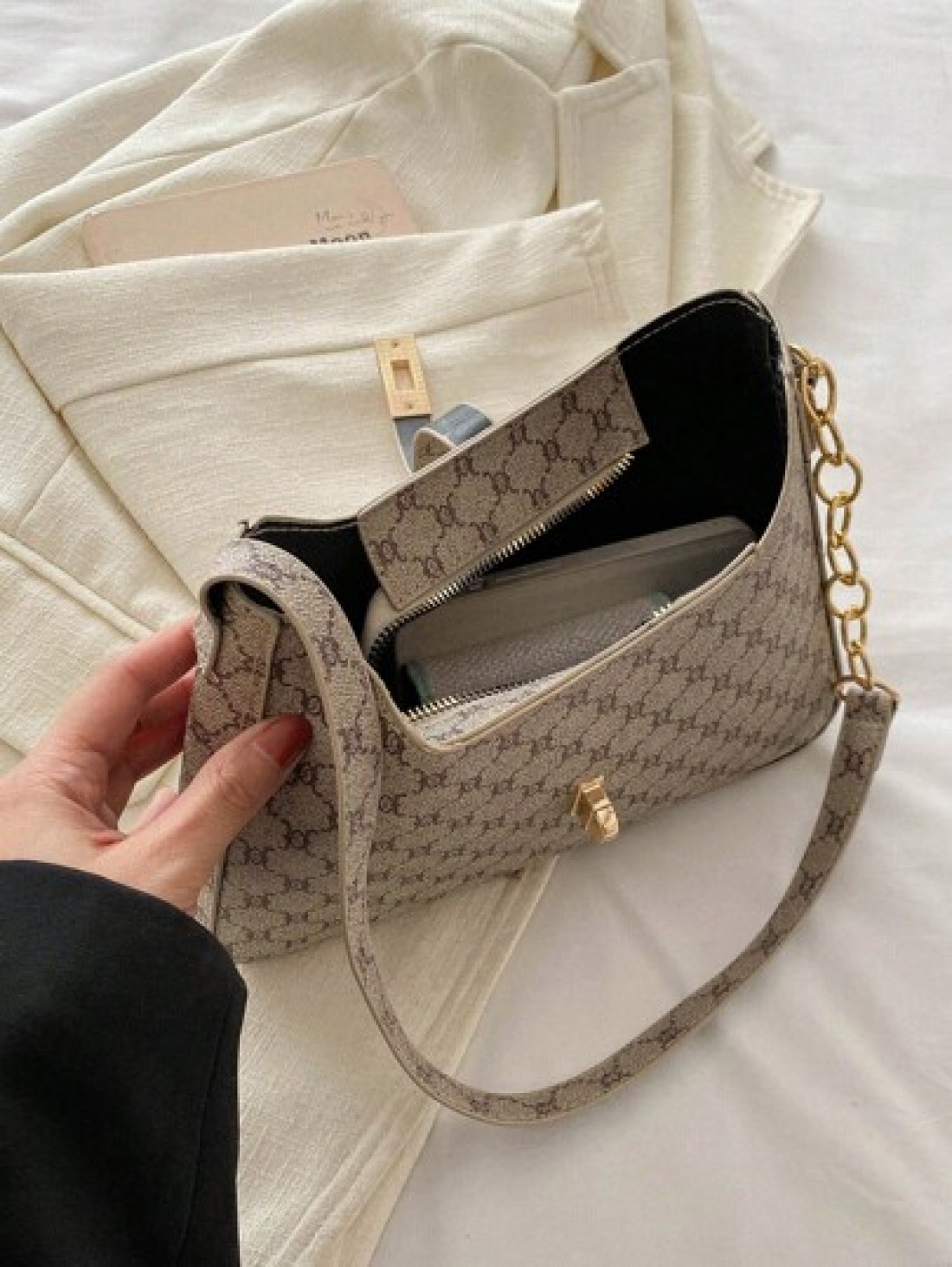 1pc Zipper Decorated With Metal Lock Floral Pattern Fashionable Versatile Casual Shoulder Bag Suitable For Women Daily Use