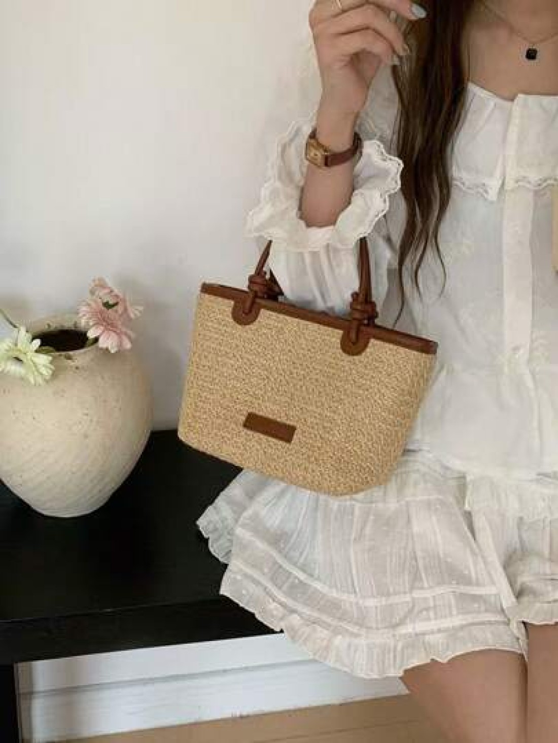 Summer Beach Vacation Straw Woven Handbag Tote Shoulder Bag Rope Knot Picnic Basket Bag Fashion For Women Girls Going Out Shopping Gift
