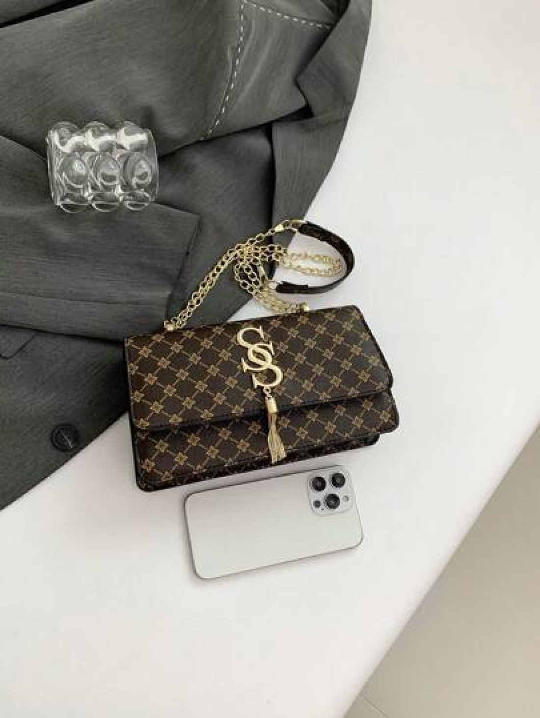 Plaid Rhombus Floral Pattern Flap Baguette Bag For Women Metal Tassel Letter Decor Shoulder Crossbody Handheld Multi Use Commute Bag