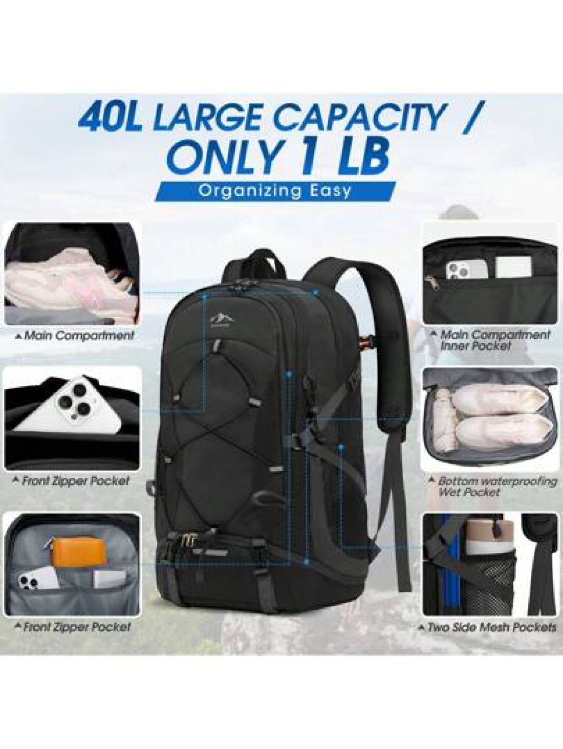NEWHEY Lightweight Hiking Backpack 40L Packable Daypack For Men Waterproof Camping Bag Foldable Outdoor Sport Travel Climbing Trekking Camping Backpack For Travel