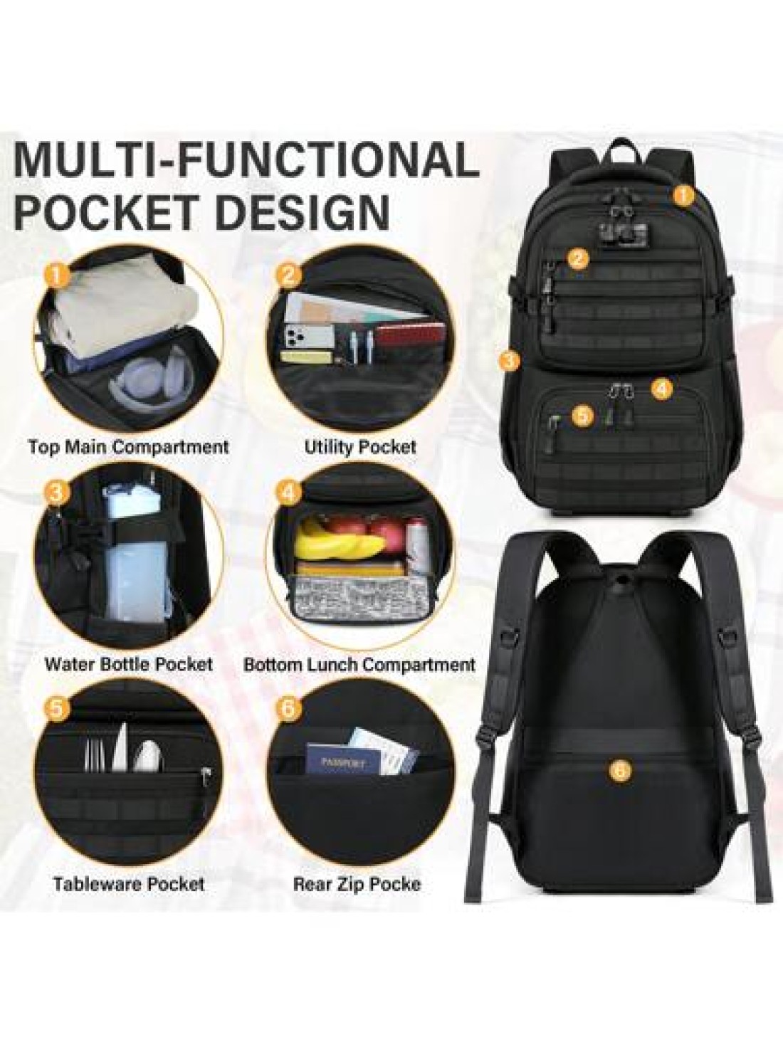 NEWHEY Lunch Backpack For Men 17 3 Inch Laptop Backpack With USB Charging Port Waterproof Work Backpack With Insulated Lunch Bag For Travel College Business With MOLLE Design Vacation Travel Backpack