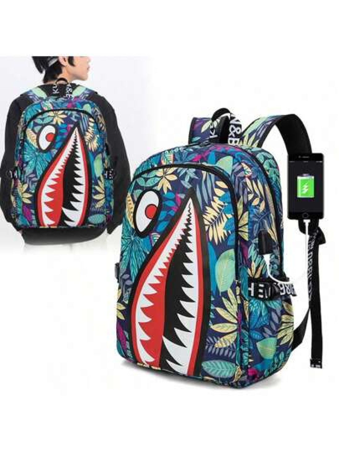 Men s Stylish Shark Mouth Print Backpack Shoulder Bag Contrast Color Letter Leaf Print Versatile College Bookbag All Over Random Print Large Capacity Lightweight Nylon Travel Bag Water Resistant Fits