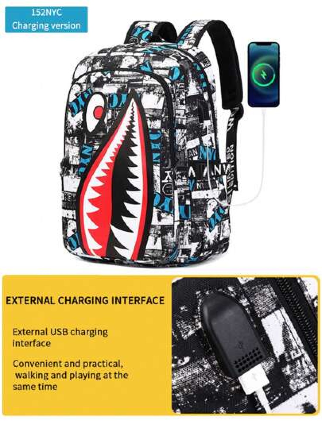 Men s Fashionable Starry Sky Print Backpack Stylish Shark Mouth Print Bookbag With Random All Over Print USB Charging Port Large Capacity Lightweight Nylon Travel Bag University Commute Backpack Fits