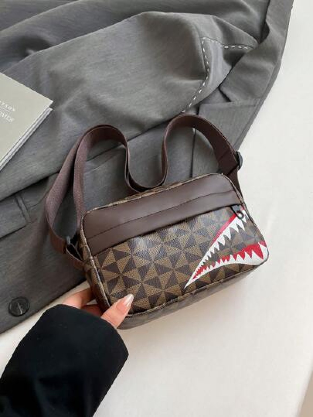 Fashionable Men s Casual Plaid Shoulder Sports Sling Bag Personality Small Square Men s Bag Business Personality Shark Mouth Anime Luxury Bags