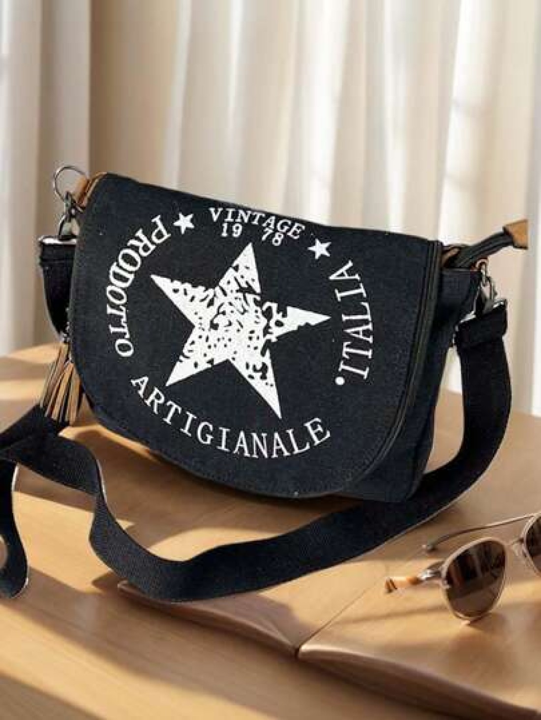 Pentagram Crossbody Bag Tassel Zipper Design Retro Classic Men Shoulder Bag Suitable For Hiking Commuting Travel School Sling Bag