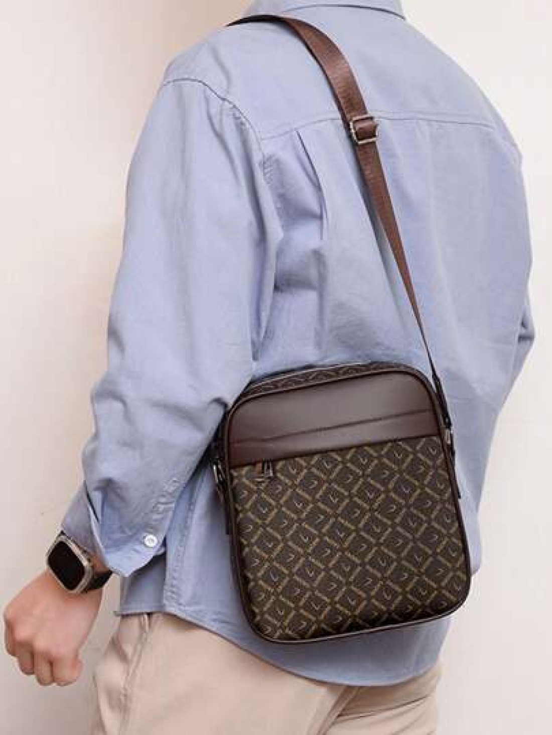 A Fashionable Men s Business PU Bag With PVC Leather Material Small Square Bag Shoulder Crossbody Bag Mobile Phone Bag Coin Purse Brand Print Metal Zipper Adjustable Shoulder Strap Fine Stitching Stor