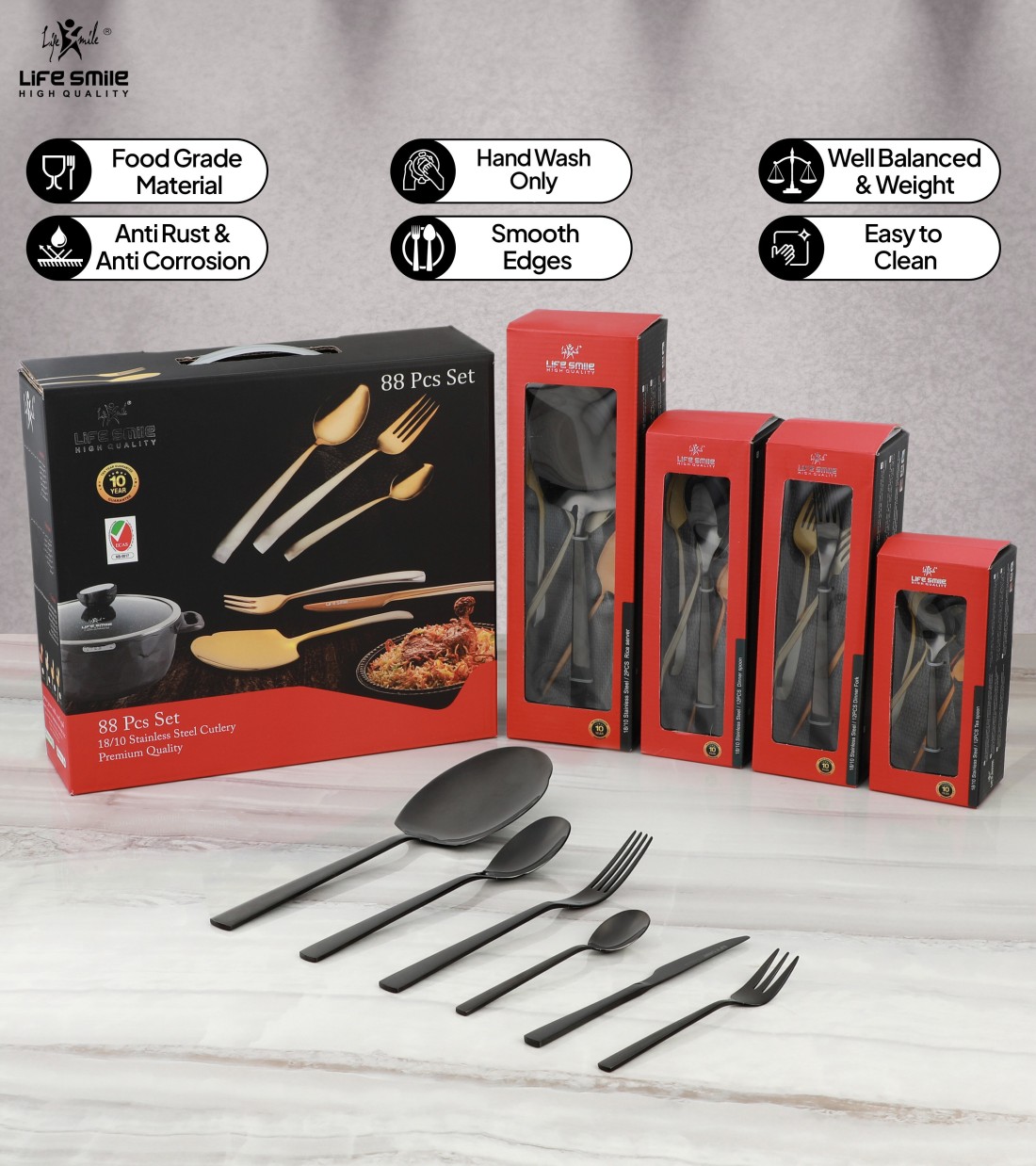 LIFE SMILE Cutlery Set, 18/10 Pure Stainless Steel Flatware Set with Stand, Rust Proof &amp; Fade Proof Dinnerware Set (SHINE BLACK, 88 Pieces)
