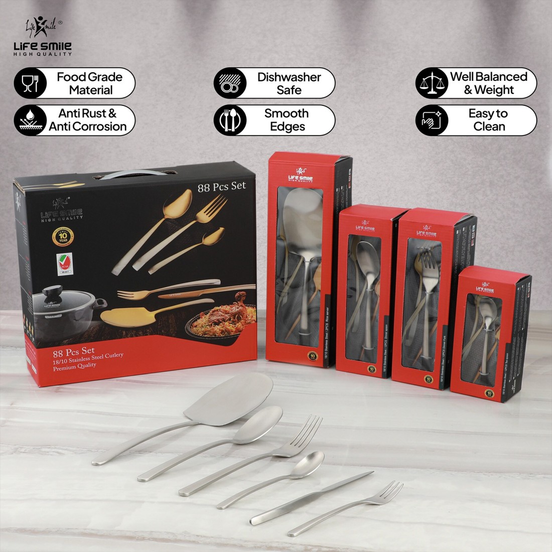LIFE SMILE Cutlery Set, 18/10 Pure Stainless Steel Flatware Set with Stand, Rust Proof &amp; Fade Proof Dinnerware Set (MATTE SILVER, 88 Pieces)