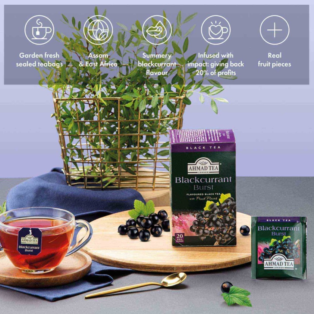Ahmad Tea Blackcurrant Burst Flavoured Black Tea with Fruit Pieces Tea Bags 20 Tea Bags