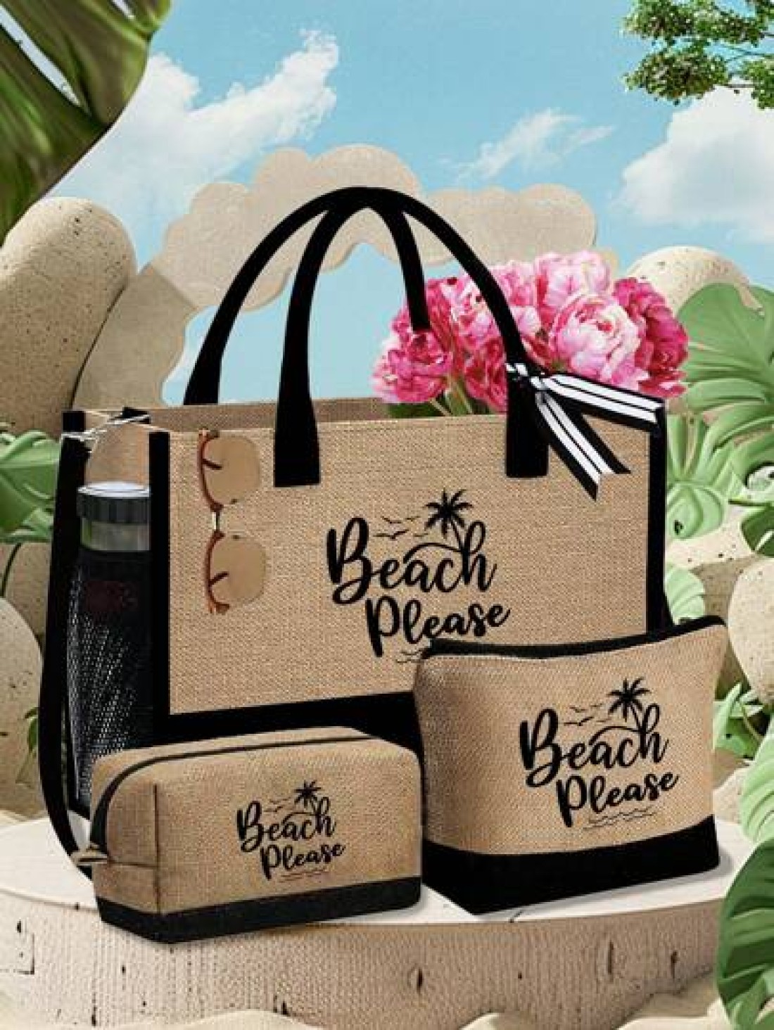 Beach Themed Beach Tote Bag Set For Women Printed With Artistic Letters Beach Beach And Coconut Tree Pattern Large Capacity Handbag And Two Makeup Bags