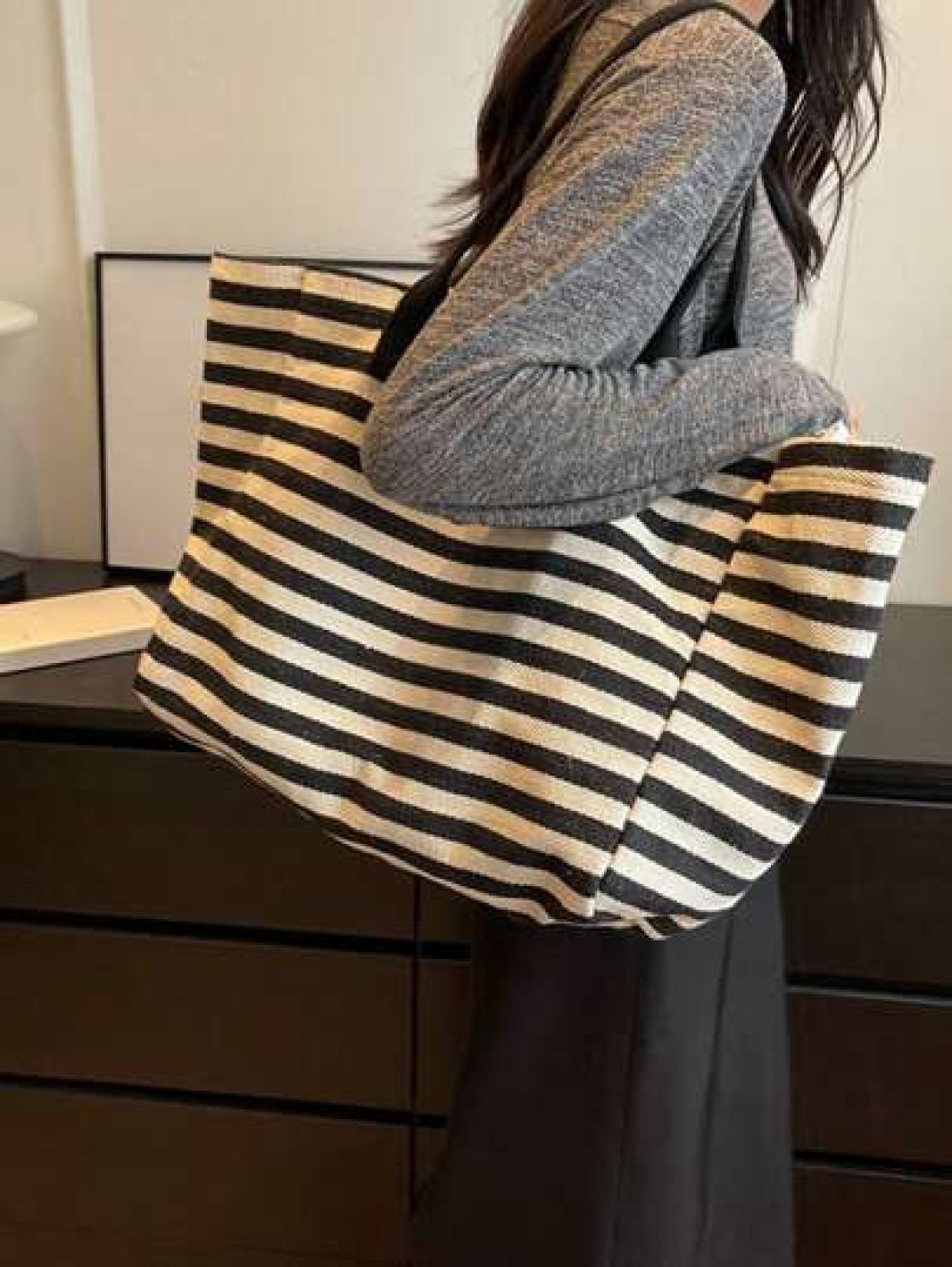 Yogodlns Simple Stripe Design Tote Bag For Girls Women Canvas Shoulder Bag Ladies Shopping Bags High Quality Handbagsschool Tote Bag Portable Foldable Business Casual Suitable For Teen Girls Women Col