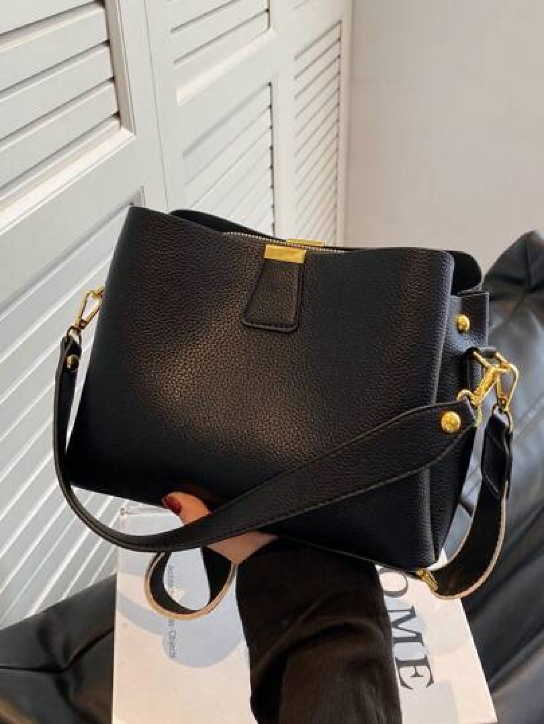 Fashion Elegant Solid Color Wide Strap PU Women Tote Bag With Shoulder Strap