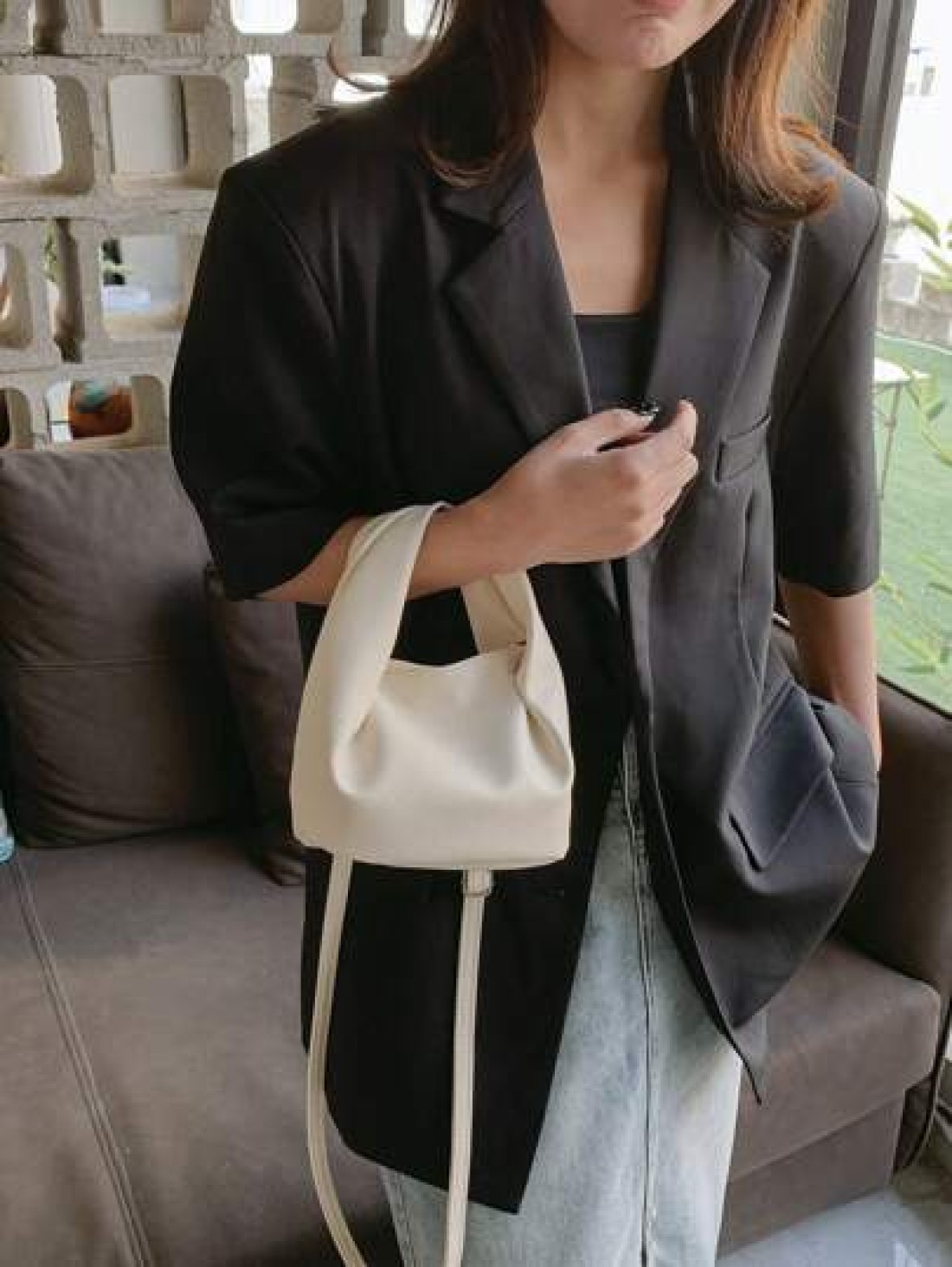 Mini Bucket Bag PU Litchi Embossed White Elegant