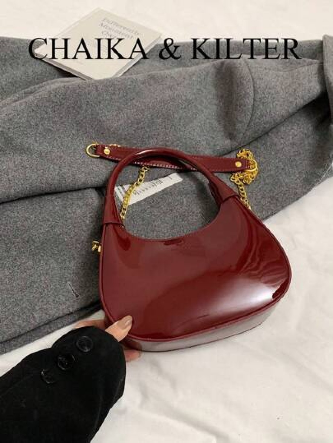 1pc CHAIKA KILTER Women Glossy PU Leather Tote Bag Fashionable Crescent Shaped Armpit Bag With Detachable Metal Chain Zipper Closure Suitable For Daily And Outdoor Use