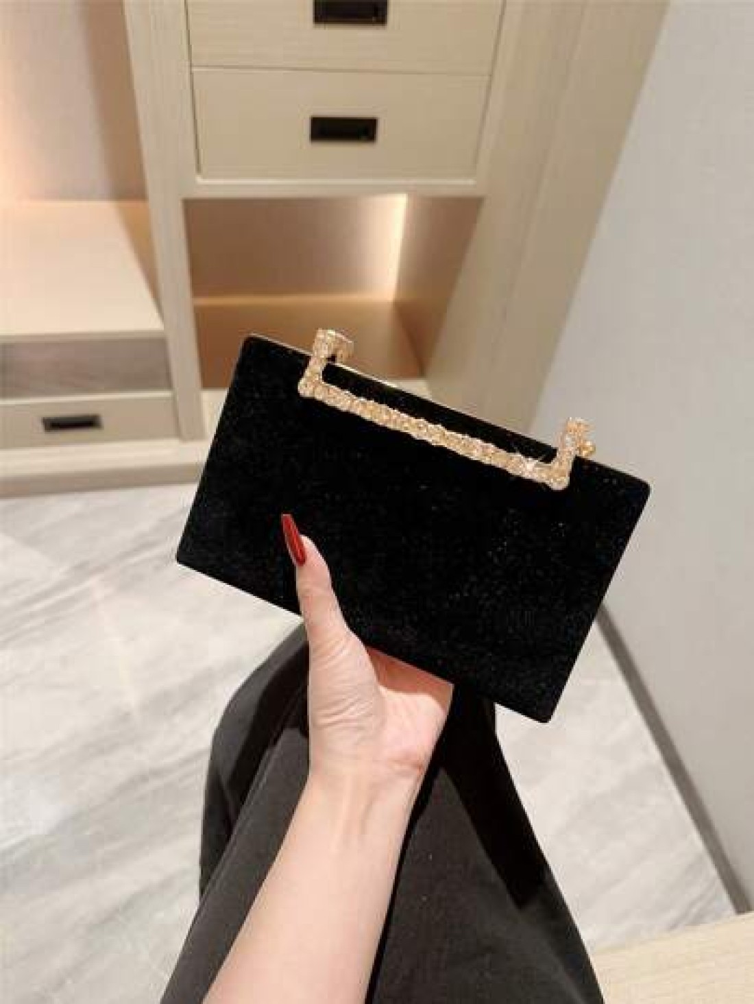 1pc Velvet Box Clutch Bag Glittery Metal Crystal Decor Evening Bag For Gown Formal Party Wedding Bridal Purse Crossbody Bag
