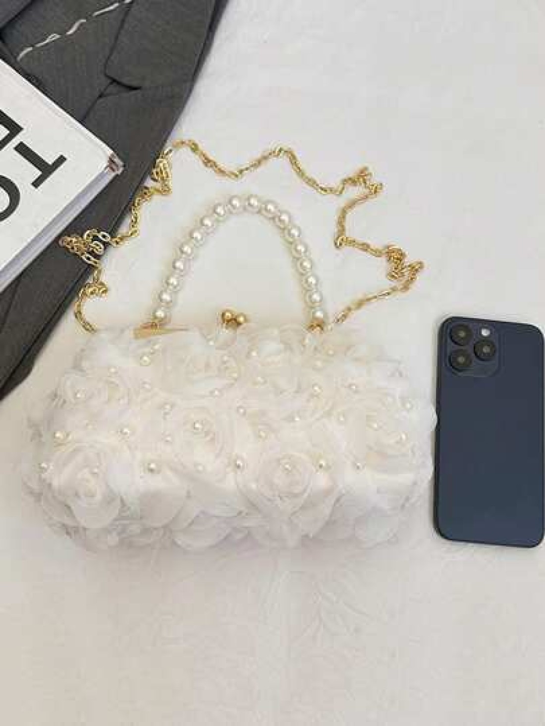 1pc White Romantic Wedding Season 2025 Spring Summer Pearl Net Yarn Flower Clip Pearls Handbag Ladies High End Luxurious Dress Evening Bag Bridal Bag For Wedding Party Banquet Elegant Pearl Bag Exquis