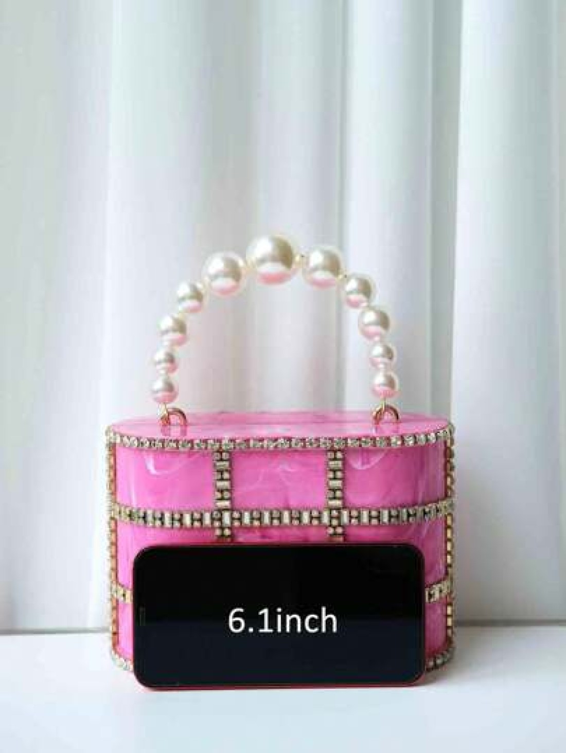 1pc Rose Pink Marble Texture Rhinestoned Pearl Party Clutch Bag With Chain Strap Luxury Evening Bag Suitable For Wedding Gala