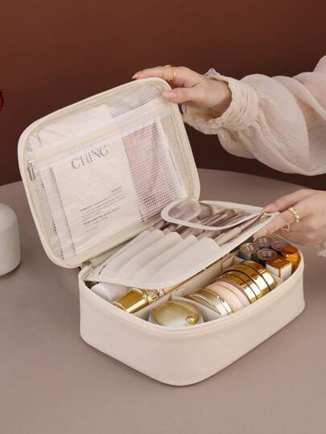 1pc Detachable Multi Layer Divided Makeup Bag Large Capacity Portable PU Waterproof Cosmetic Case Removable Makeup Brush Bag Lipstick And Skincare Products Travel Organizer Pouch Makeup Travel Toiletr