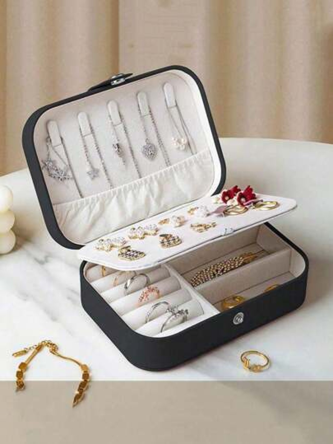 1pc Portable Travel Jewelry Box Fashion Zipper Jewelry Case Mini Ring Box Waterproof PU Leather Storage Bag Jewelry Organizer And Container With Velvet Lining For Rings Earrings Pendants Necklaces Bra