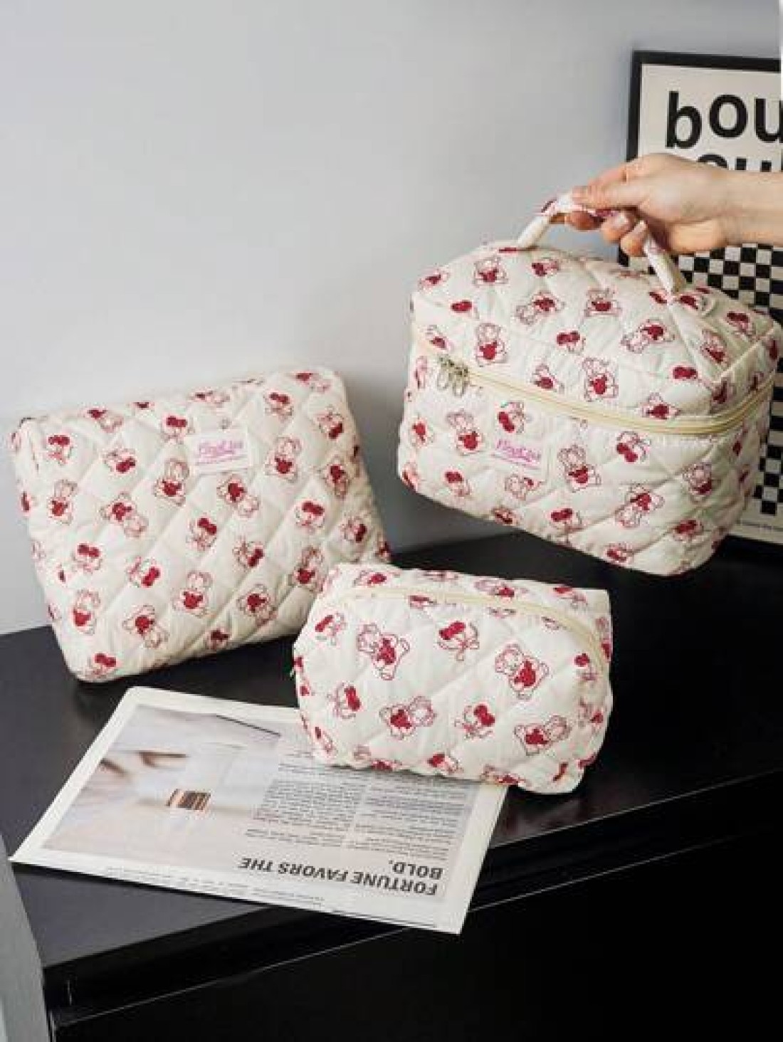 1 Piece Cherry Bear Cosmetic Bag Set Cherry Pattern Multifunctional Makeup Bag Square Large Capacity Makeup Bag Travel Toiletry Bag Aesthetci Toiletry Bag Pencil Case Skincare Bag For Travel Cruises M