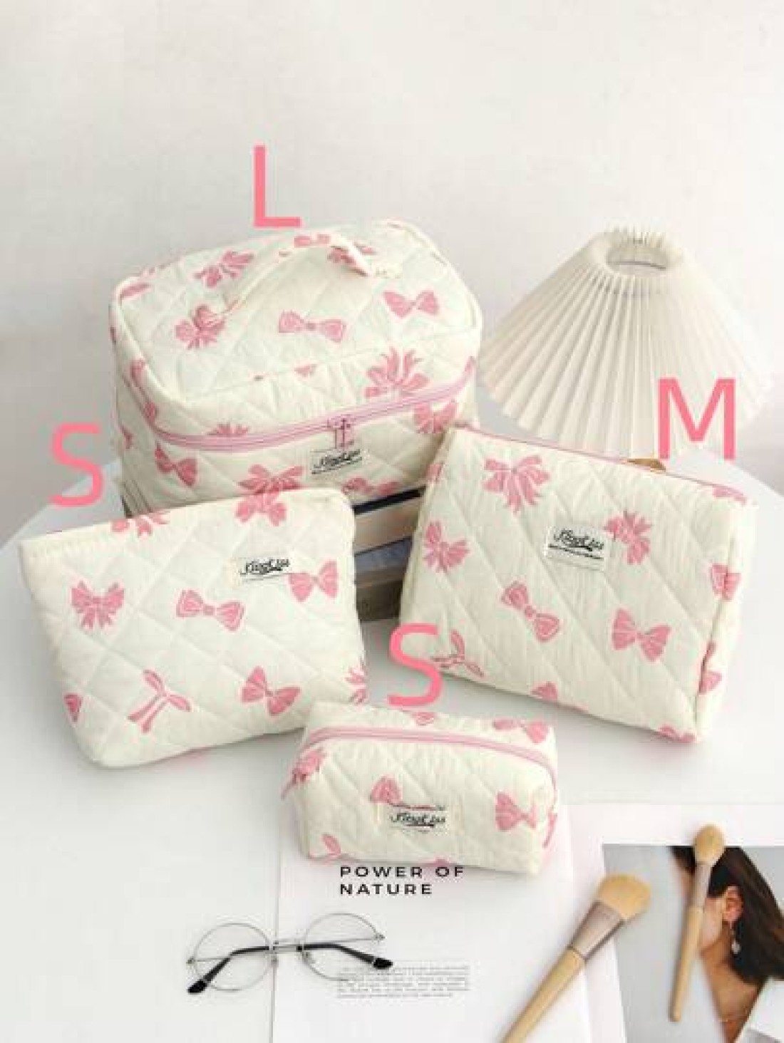 1Piece Bow Travel Toiletry Bag With Handle Quilted Fabric Large Capacity Women Handle Cosmetic Bag Cosmetic Brushes Storage Make Up Organizer Travel Skincare Makeup Pouch For For Bathroom For College