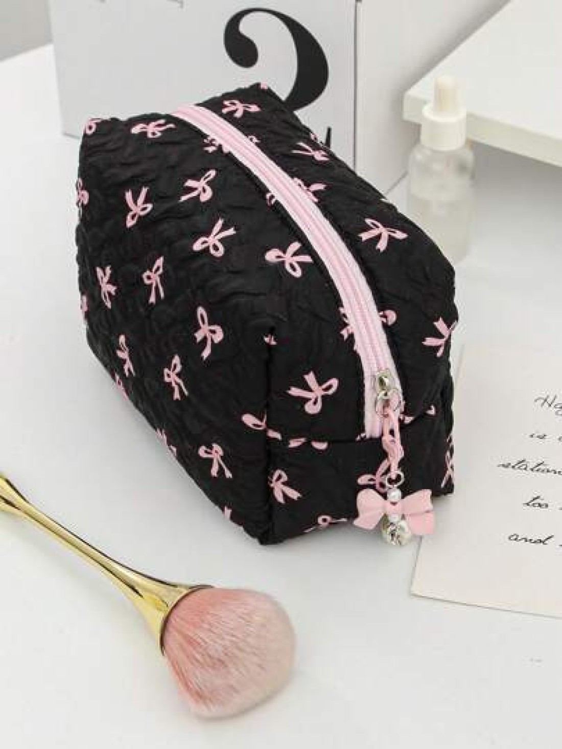 Floral Bow Decor Makeup Bag Fabric Print Zipper Pouch Sweet Style Toiletry Bag Cosmetic Bag For Home Travel Daily Use Women Makeup Organizer Makeup Storage Bag Mini Pouch Travel Small Makeup Case Acce