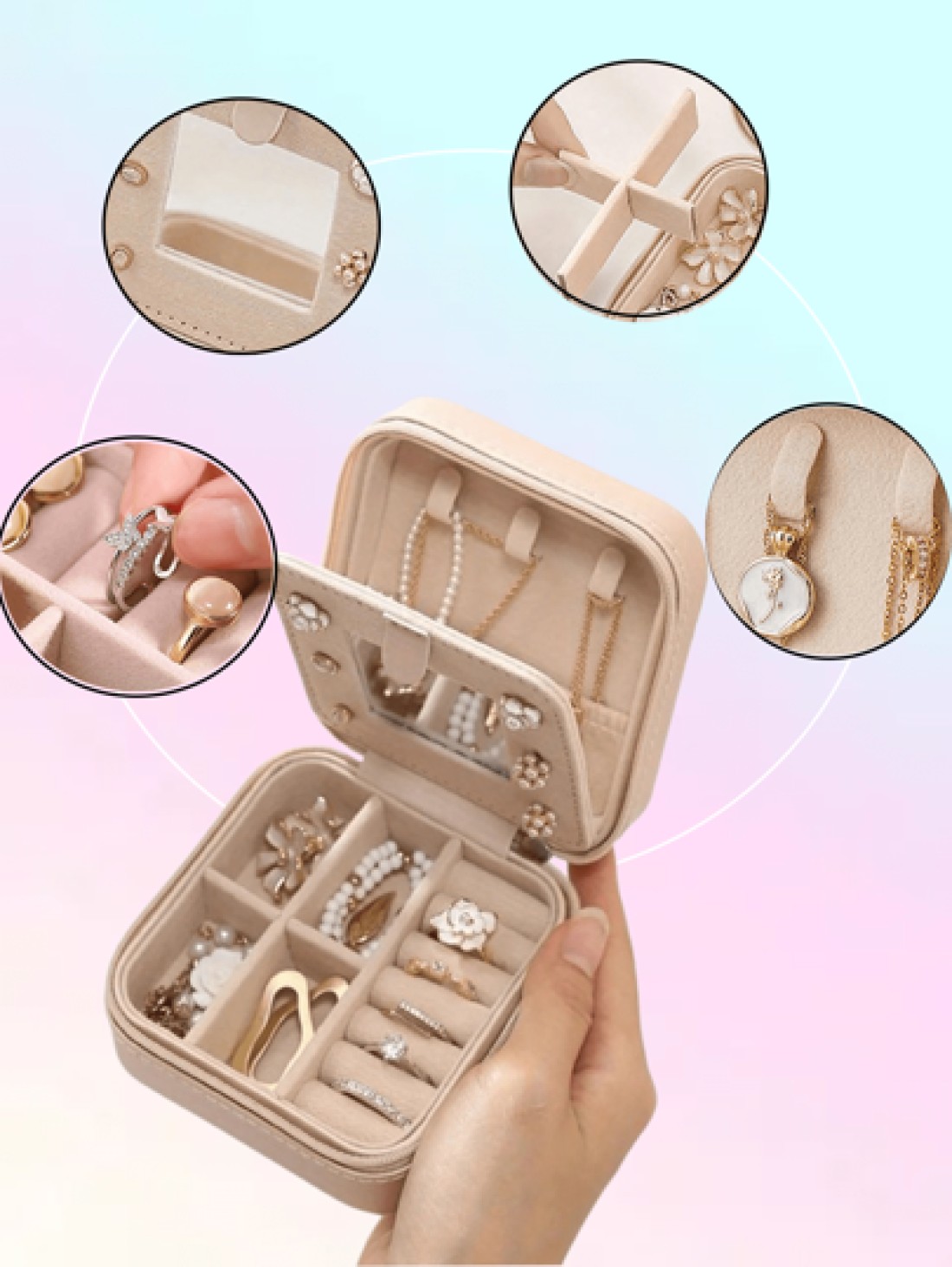 1pc PU Leather Square Jewelry Box Mirror Design Jewelry Storage Case Multifunctional Desktop Organizer Box Removable Compartments Suitable For Rings Earrings Necklaces Lipsticks Makeup Organizer