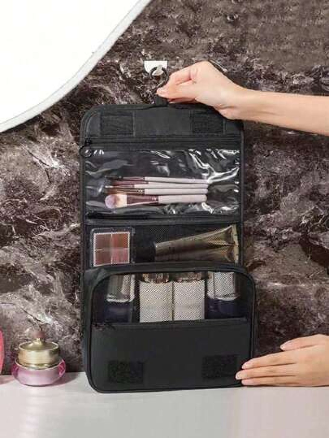 1pc Large Capacity Multi Function Zoned Storage Bag Hanging Toiletry Cosmetic Bag Travel Organizer Tote Boho Style For Hotel Narrow Bathrooms Outdoor Camping Quick Access Items Interior Space Layout M