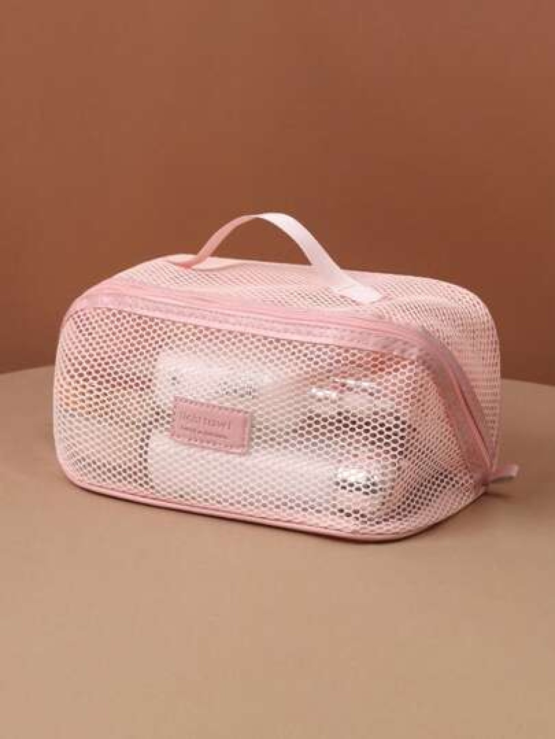 1pc Large Capacity Pink Mesh Makeup Bag Portable Travel Toiletry Organizer Multi Functional Storage Pouch Zipper Bag Travel Bag For Cosmetics Skincare Phone Jewelry Small Items Gift Holiday Use Availa