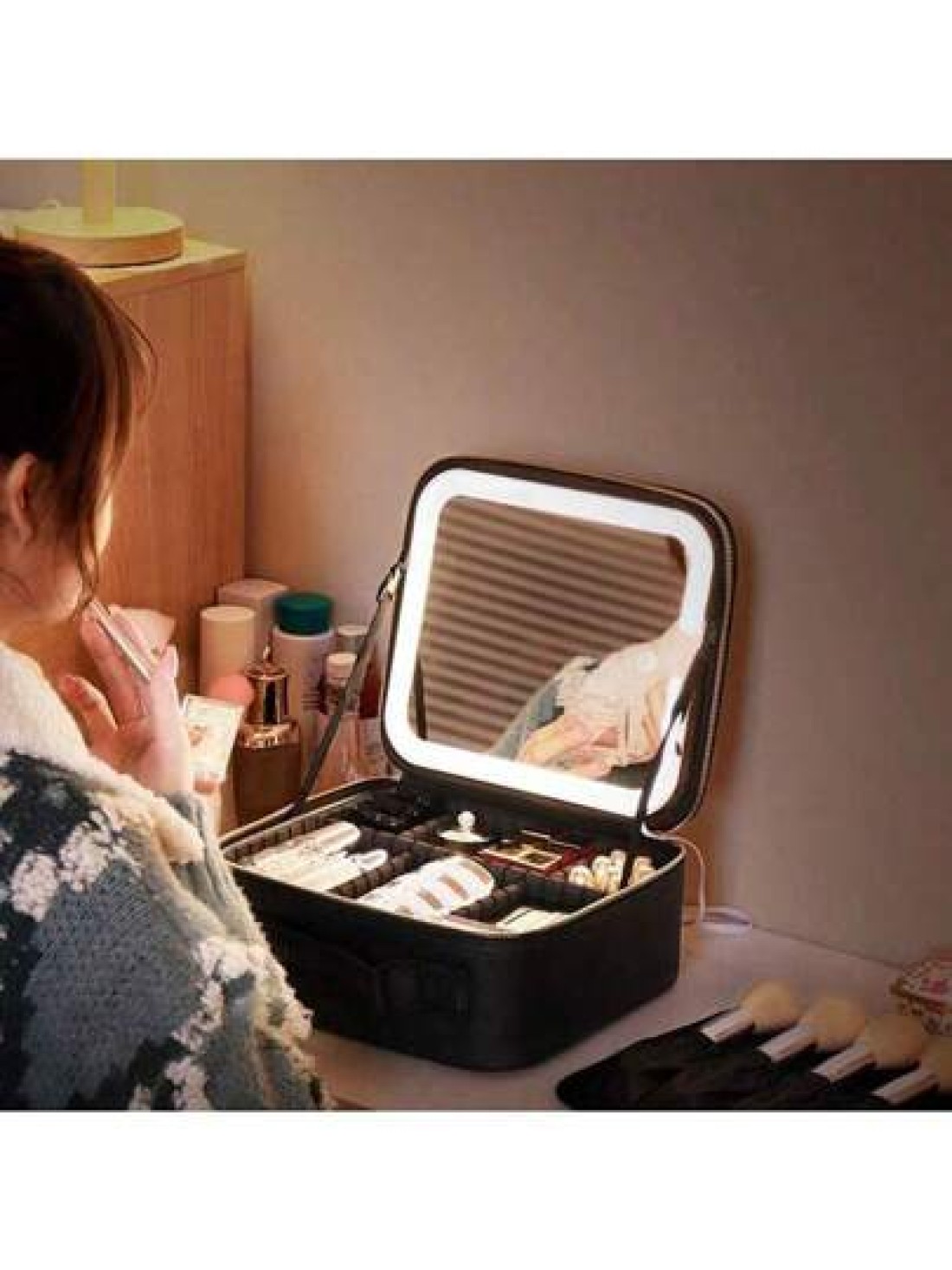 Professional Makeup Case With Lights Full Screen Mirror Cosmetic Storage Bag Fully loaded Portable Makeup Artist Brush Beauty Nail Tool Box Leather Travel Makeup Bag