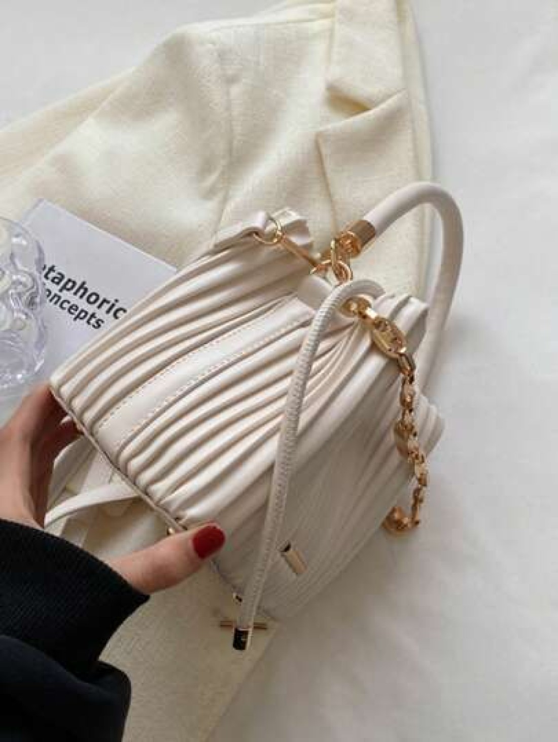 Mini Pleated Bucket Bag With Chain Decor