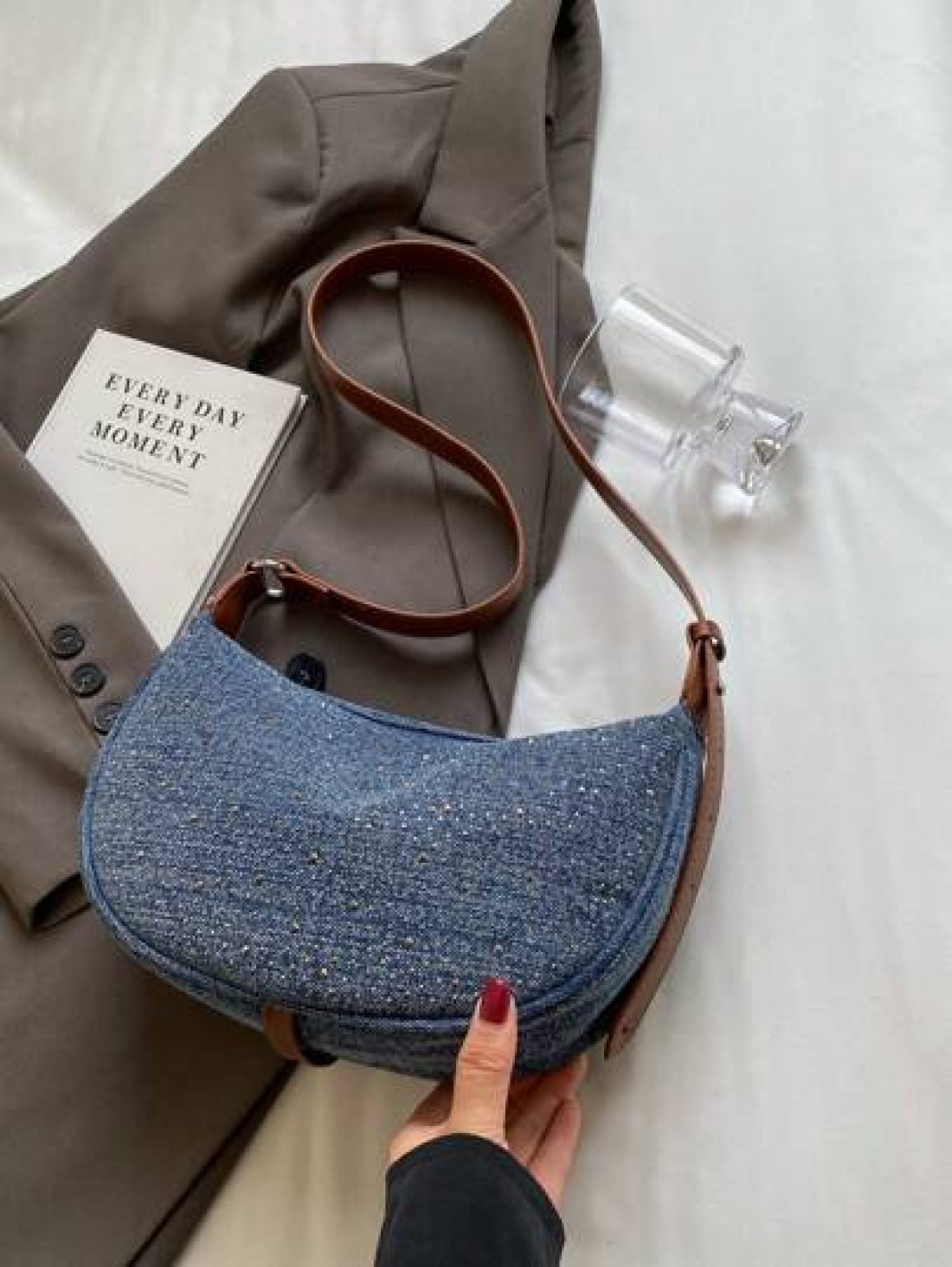 Light Blue Denim Rhinestone Decor Underarm Women Shoulder Bag Fashionable Versatile For Work Dating Casual Spring Summer
