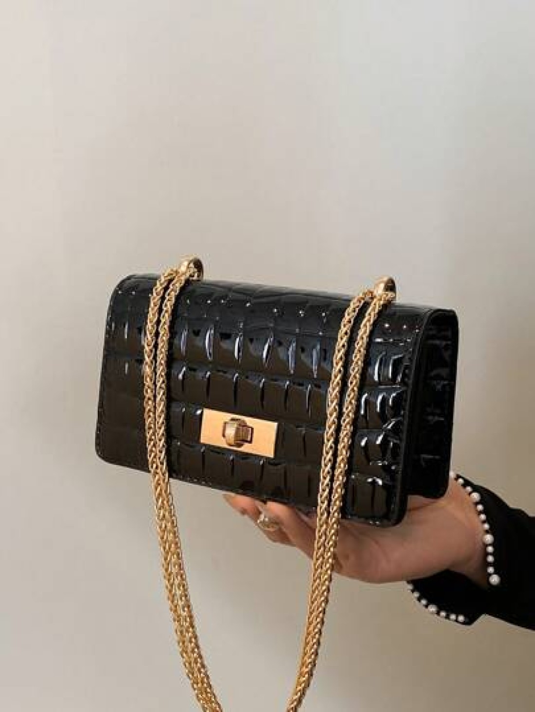 Faux Leather Solid Crocodile Embossed Fashion Mini Chain Strap Shoulder Bag