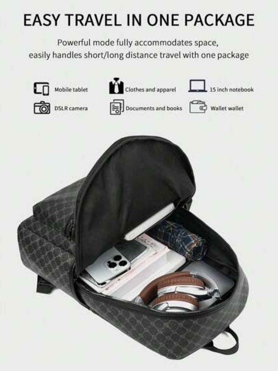 Large Capacity Printed Retro Backpack Unisex Fashion PU Leather Business Laptop College School Bag