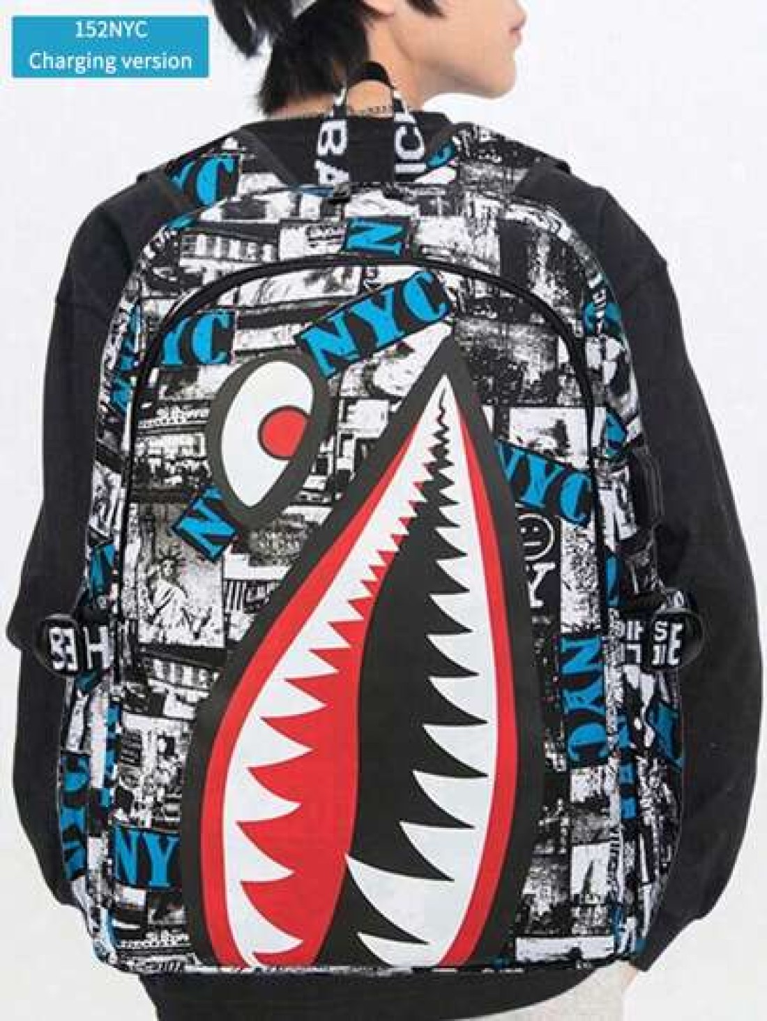 Men s Fashionable Starry Sky Print Backpack Stylish Shark Mouth Print Bookbag With Random All Over Print USB Charging Port Large Capacity Lightweight Nylon Travel Bag University Commute Backpack Fits