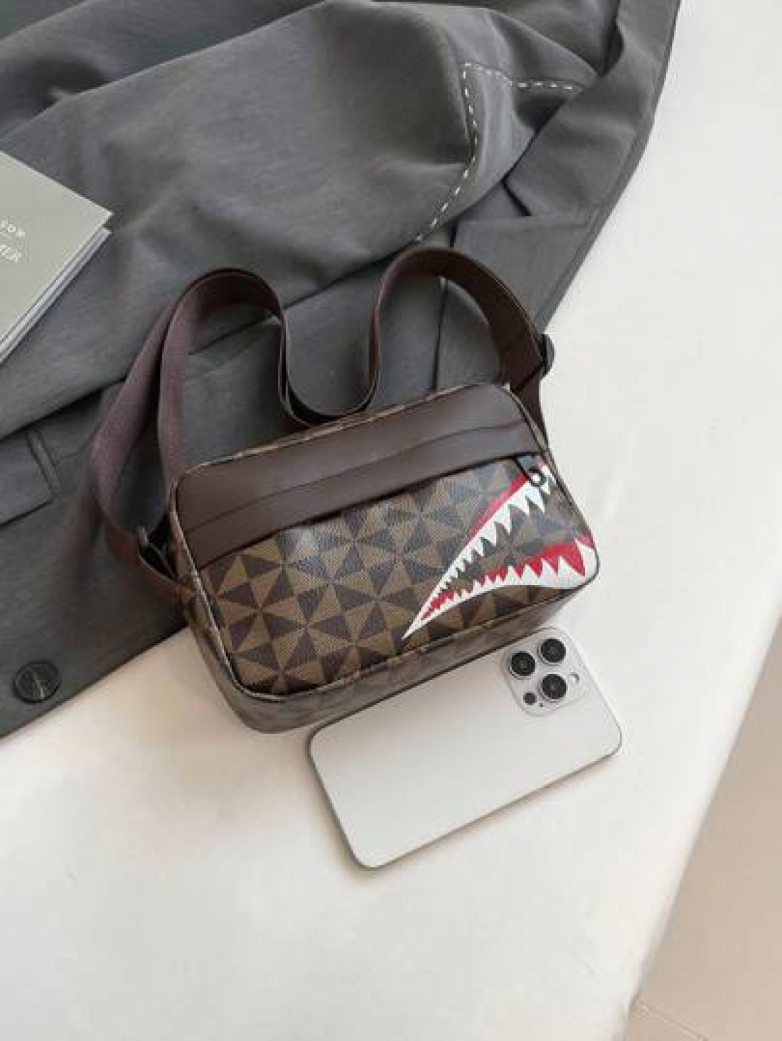 Fashionable Men s Casual Plaid Shoulder Sports Sling Bag Personality Small Square Men s Bag Business Personality Shark Mouth Anime Luxury Bags